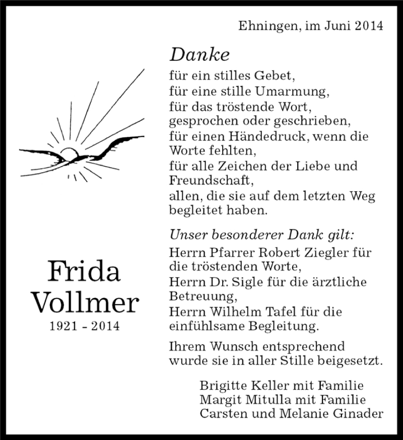  Traueranzeige für Frida Vollmer vom 20.06.2014 aus Kreiszeitung Böblinger Bote