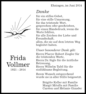 Traueranzeige von Frida Vollmer von Kreiszeitung Böblinger Bote