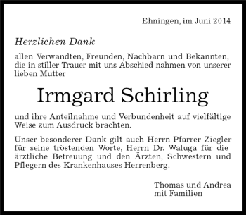 Traueranzeige von Irmgard Schirling von Kreiszeitung Böblinger Bote