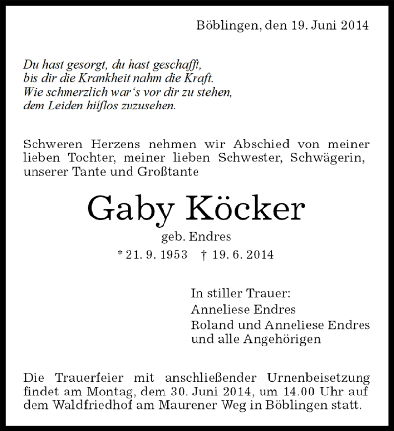  Traueranzeige für Gaby Köcker vom 23.06.2014 aus Kreiszeitung Böblinger Bote