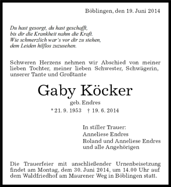 Traueranzeige von Gaby Köcker von Kreiszeitung Böblinger Bote