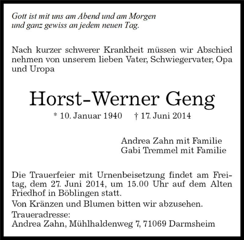  Traueranzeige für Horst-Werner Geng vom 23.06.2014 aus Kreiszeitung Böblinger Bote