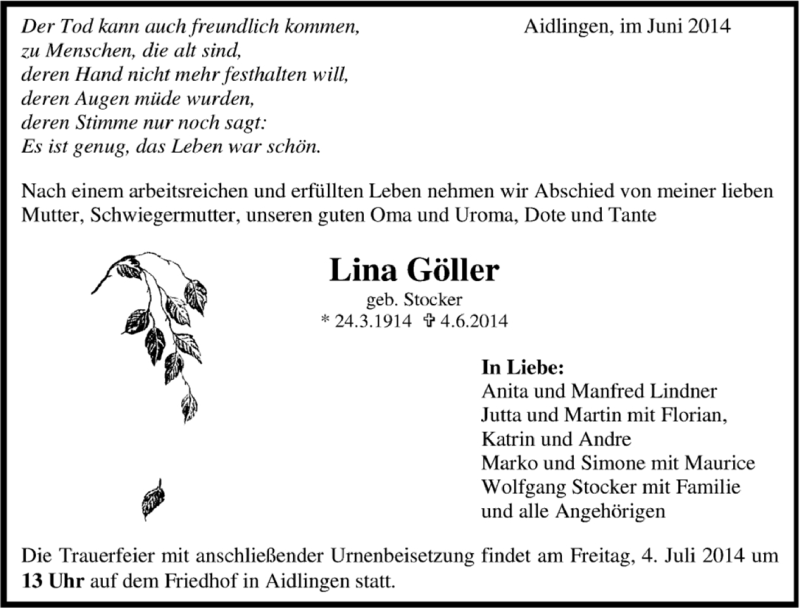 Traueranzeige für Lina Göller vom 24.06.2014 aus Kreiszeitung Böblinger Bote