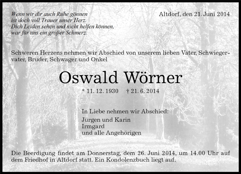  Traueranzeige für Oswald Wörner vom 23.06.2014 aus Kreiszeitung Böblinger Bote