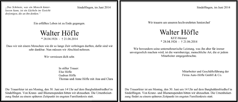  Traueranzeige für Walter Höfle vom 24.06.2014 aus Kreiszeitung Böblinger Bote