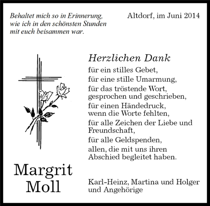  Traueranzeige für Margrit Moll vom 25.06.2014 aus Kreiszeitung Böblinger Bote
