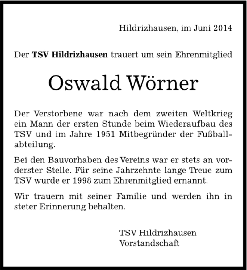  Traueranzeige für Oswald Wörner vom 25.06.2014 aus Kreiszeitung Böblinger Bote