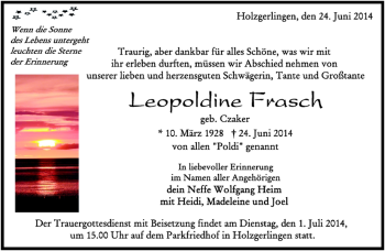 Traueranzeige von Leopoldine Frasch von Kreiszeitung Böblinger Bote