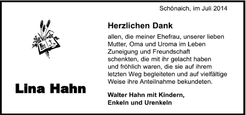  Traueranzeige für Lina Hahn vom 26.06.2014 aus Kreiszeitung Böblinger Bote