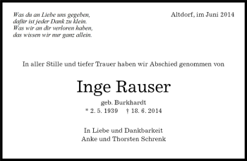 Traueranzeige von Inge Rauser von Kreiszeitung Böblinger Bote