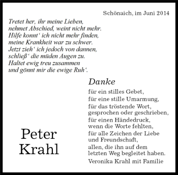 Traueranzeige von Peter Krahl von Kreiszeitung Böblinger Bote