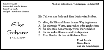 Traueranzeige von Elke Schanz von Kreiszeitung Böblinger Bote