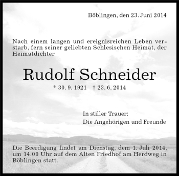 Traueranzeige von Rudolf Schneider von Kreiszeitung Böblinger Bote