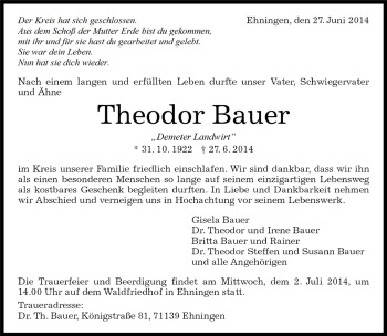Traueranzeige von Theodor Bauer von Kreiszeitung Böblinger Bote
