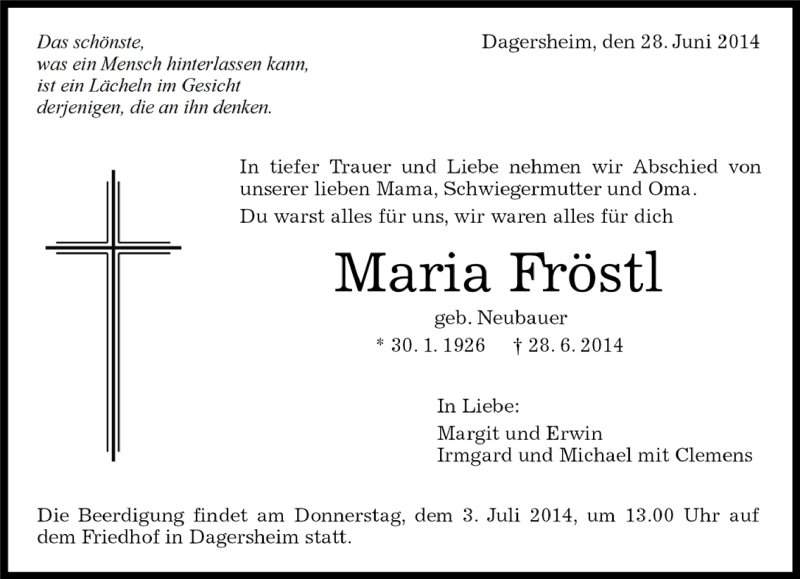  Traueranzeige für Maria Fröstl vom 30.06.2014 aus Kreiszeitung Böblinger Bote