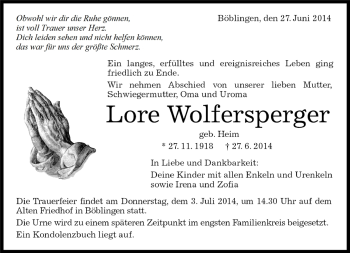 Traueranzeige von Lore Wolfersperger von Kreiszeitung Böblinger Bote