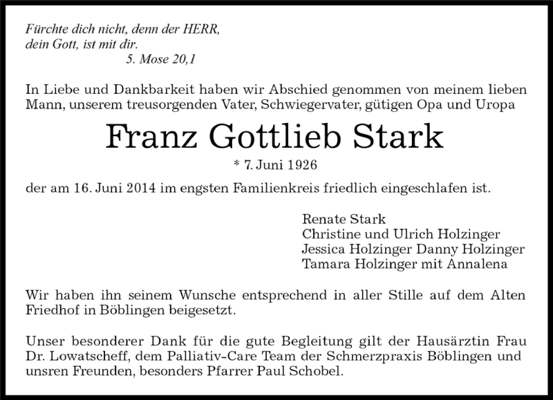  Traueranzeige für Franz Gottlieb Stark vom 30.06.2014 aus Kreiszeitung Böblinger Bote