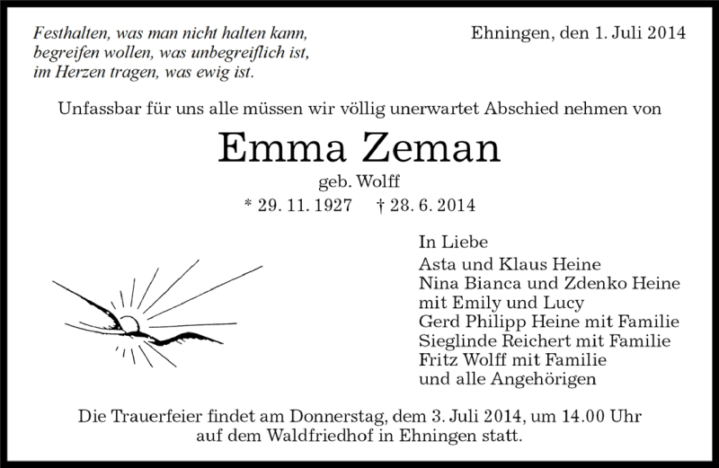  Traueranzeige für Emma Zemann vom 30.06.2014 aus Kreiszeitung Böblinger Bote