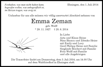 Traueranzeige von Emma Zemann von Kreiszeitung Böblinger Bote
