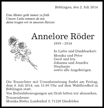 Traueranzeige von Annelore Röder von Kreiszeitung Böblinger Bote