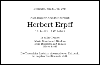 Traueranzeige von Herbert Erpff von Kreiszeitung Böblinger Bote