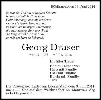 Traueranzeige von Georg Draser von Kreiszeitung Böblinger Bote