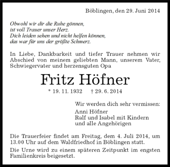 Traueranzeige von Fritz Höfner von Kreiszeitung Böblinger Bote