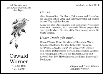 Traueranzeige von Oswald Wörner von Kreiszeitung Böblinger Bote