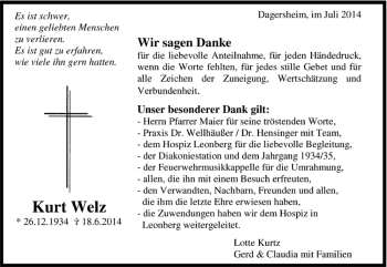 Traueranzeige von Kurt Welz von Kreiszeitung Böblinger Bote