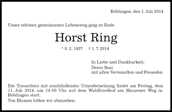 Traueranzeige von Horst Ring von Kreiszeitung Böblinger Bote