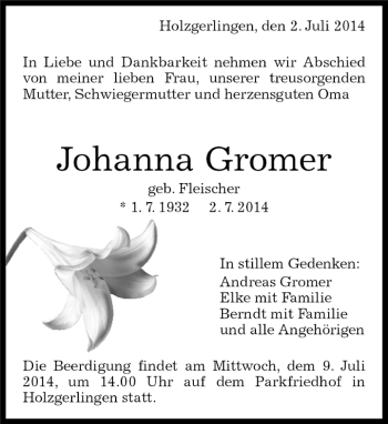 Traueranzeige von Johanna Gromer von Kreiszeitung Böblinger Bote