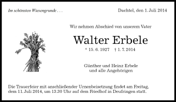 Traueranzeige von Walter Erbele von Kreiszeitung Böblinger Bote