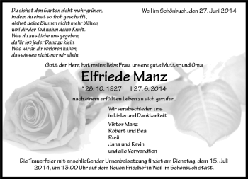 Traueranzeige von Elfriede Manz von Kreiszeitung Böblinger Bote