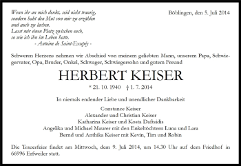 Traueranzeige von Herbert Keiser von Kreiszeitung Böblinger Bote