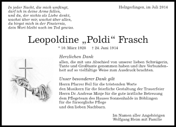 Traueranzeige von Leopoldine Frasch von Kreiszeitung Böblinger Bote