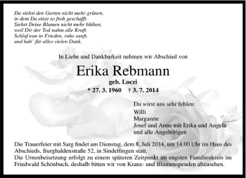 Traueranzeige von Erika Rebmann von Kreiszeitung Böblinger Bote