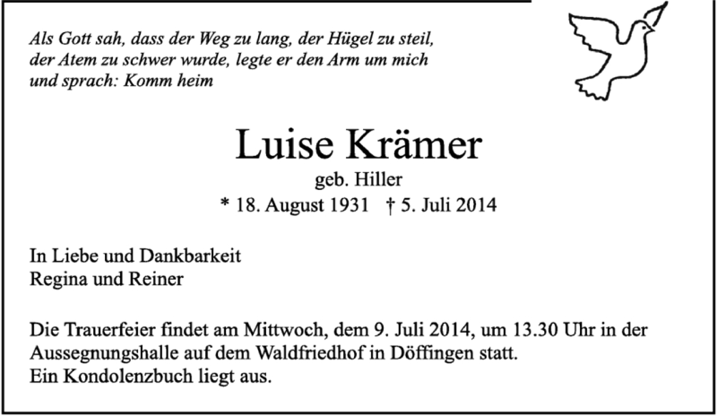  Traueranzeige für Luise Krämer vom 07.07.2014 aus Kreiszeitung Böblinger Bote