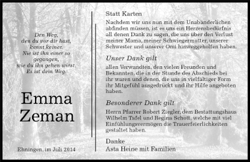 Traueranzeige von Emma Teman von Kreiszeitung Böblinger Bote