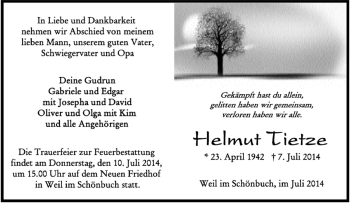 Traueranzeige von Helmut Tietze von Kreiszeitung Böblinger Bote