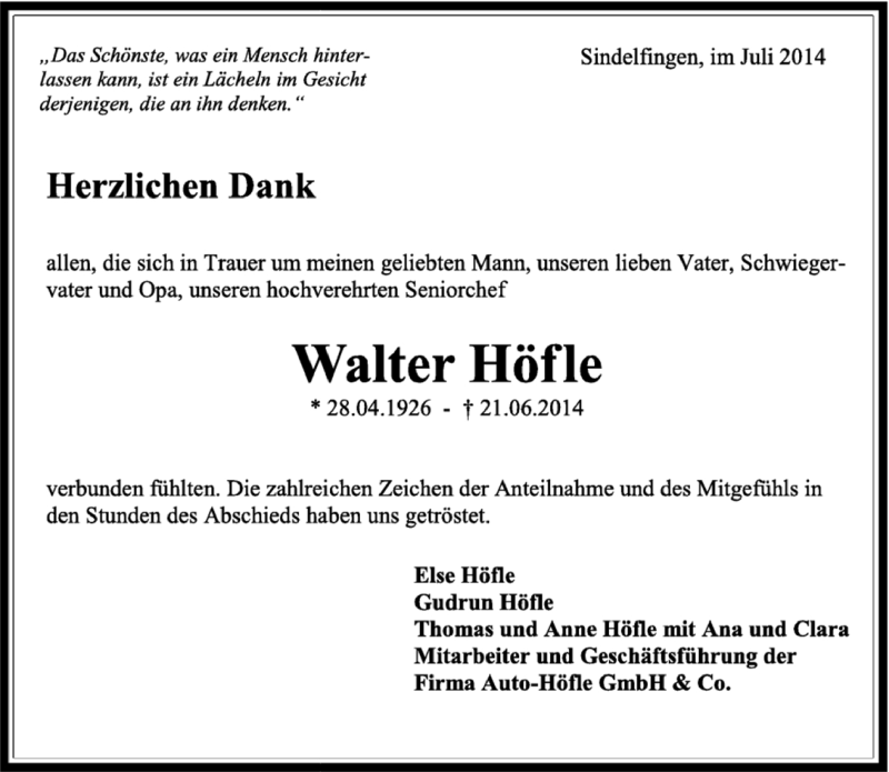  Traueranzeige für Walter Höfle vom 08.07.2014 aus Kreiszeitung Böblinger Bote
