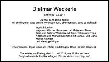 Traueranzeige von Dietmar Weckerle von Kreiszeitung Böblinger Bote