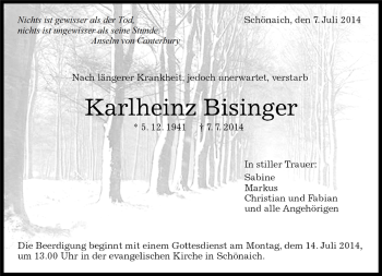 Traueranzeige von Karlheinz Bisinger von Kreiszeitung Böblinger Bote