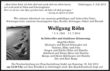 Traueranzeige von Wolfgang Röhn von Kreiszeitung Böblinger Bote
