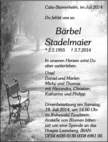 Traueranzeige von Baärbel Stadelmaier von Kreiszeitung Böblinger Bote