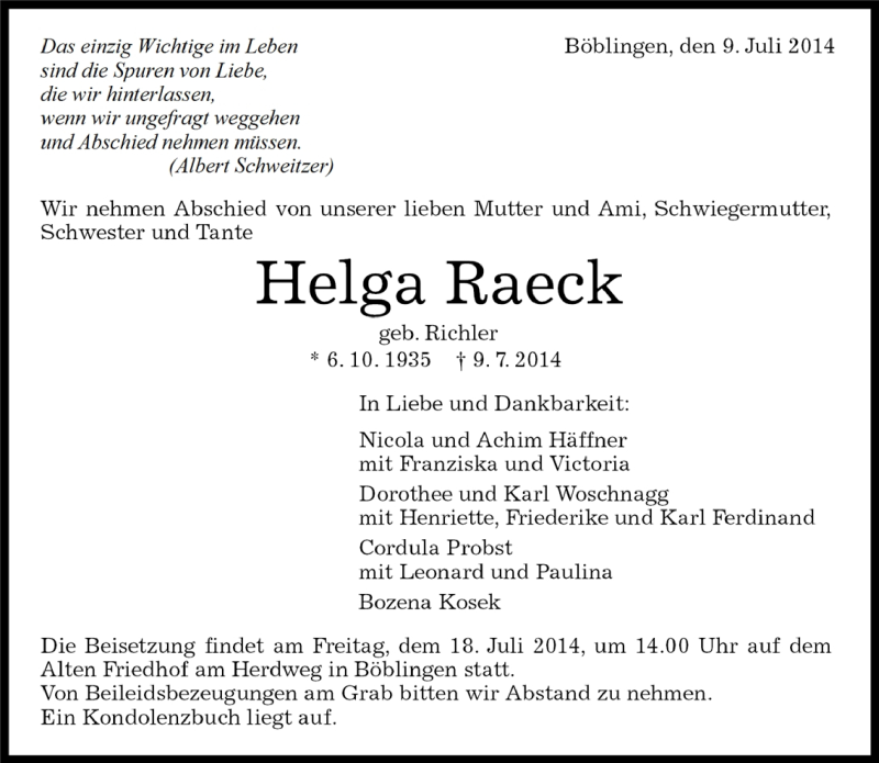  Traueranzeige für Helga Raeck vom 09.07.2014 aus Kreiszeitung Böblinger Bote