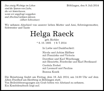 Traueranzeige von Helga Raeck von Kreiszeitung Böblinger Bote