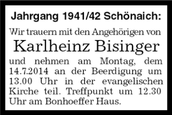 Traueranzeige von Karlheinz Bisinger von Kreiszeitung Böblinger Bote