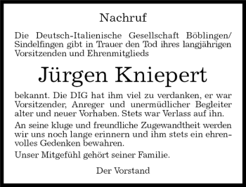 Traueranzeige von Jürgen Kniepert von Kreiszeitung Böblinger Bote
