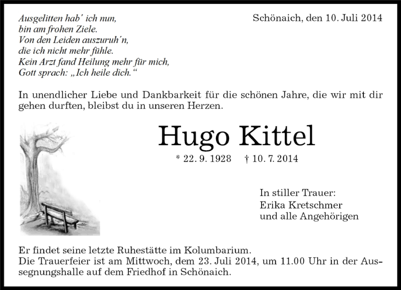  Traueranzeige für Hugo Kittel vom 11.07.2014 aus Kreiszeitung Böblinger Bote