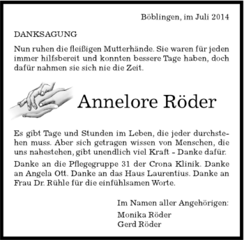 Traueranzeige von Annelore Röder von Kreiszeitung Böblinger Bote